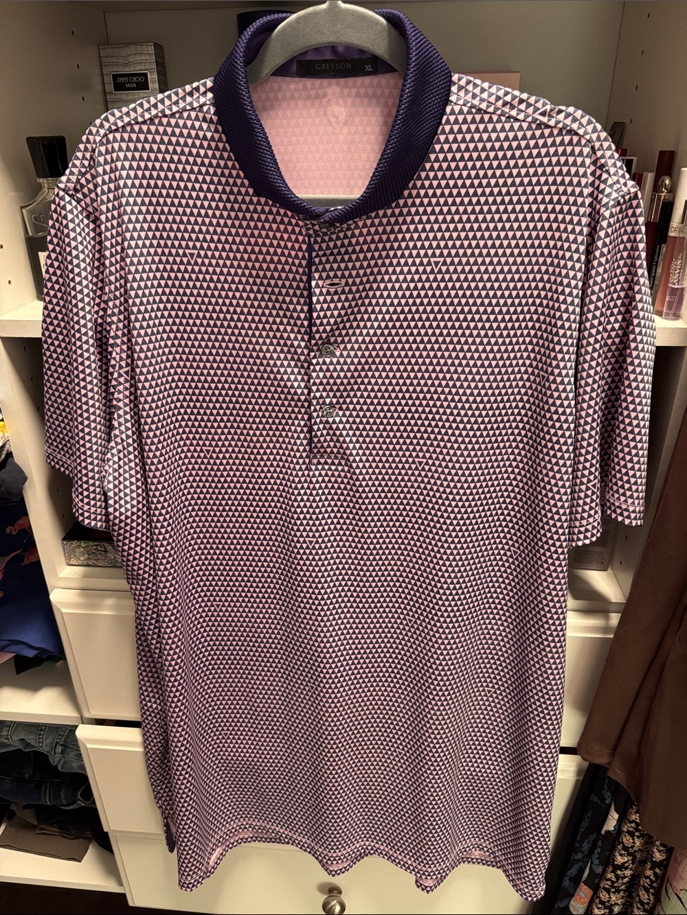 Greyson Men’s Purple Micro-Triangle Polo with Navy Trim